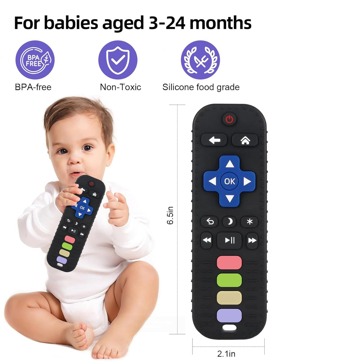 Baby Teether Toy, TV Remote Control Shape, Black, Ages 3-24 Months - photo 2