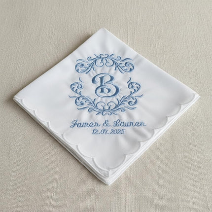 Personalized Wedding Handkerchief, Embroidered Bridal Hankie, Monogrammed Cotton Scalloped Edge White Handkerchief, Gift for Bride