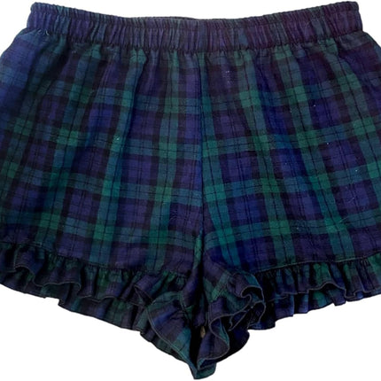 Cotton Plaid Adult Women Ruffle Trim Pajama Shorts Bottoms