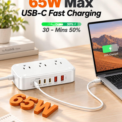 65W USB C Power Strip with 3AC Outlets 5USB Ports(3 USB C) & 5FT Cord