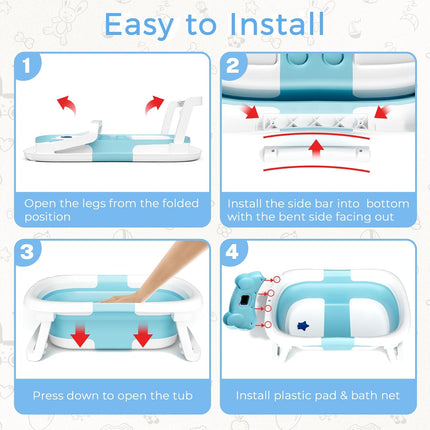 BUNWAG Baby Bathtub, Collapsible Newborn Bathtub for Infant to Toddler 0-24 Months with Soft Bath Net,Portable Travel Newborn Tub with No-Slip Feet, Baby Shower Gifts,Sky Blue