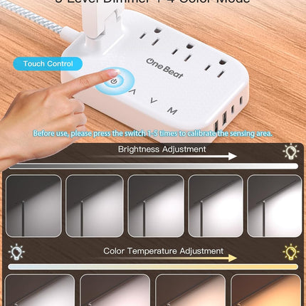 One Beat LED Small Desk Lamp Power Strip 5ft Extension Cord, 3 Outlets, 4 USB Ports(2 USB C), 4 Modes, 5 Level Touch- Home, Office, Bedroom, Bedside, Study Reading Light, Dorm Room Essentials, White