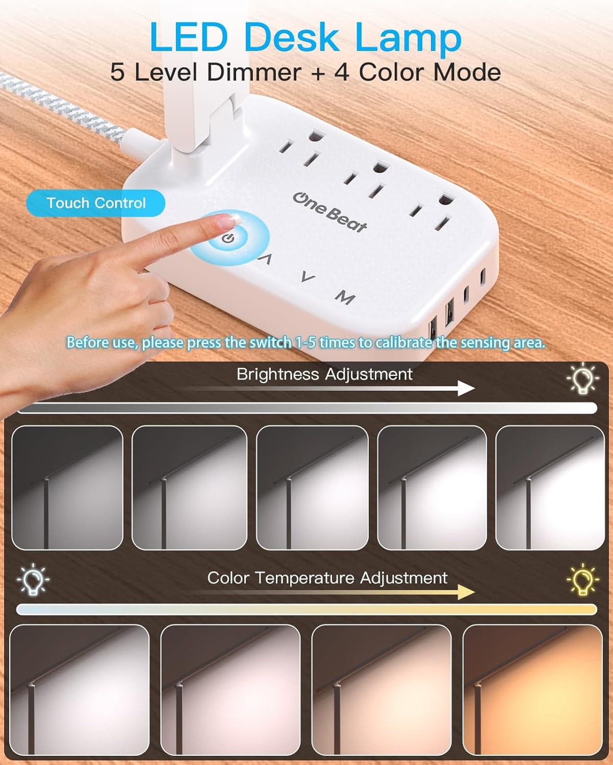 Small LED Desk Lamp Power Strip with 5 ft Cord, 3 Outlets and 4 USB Ports, White - photo 3