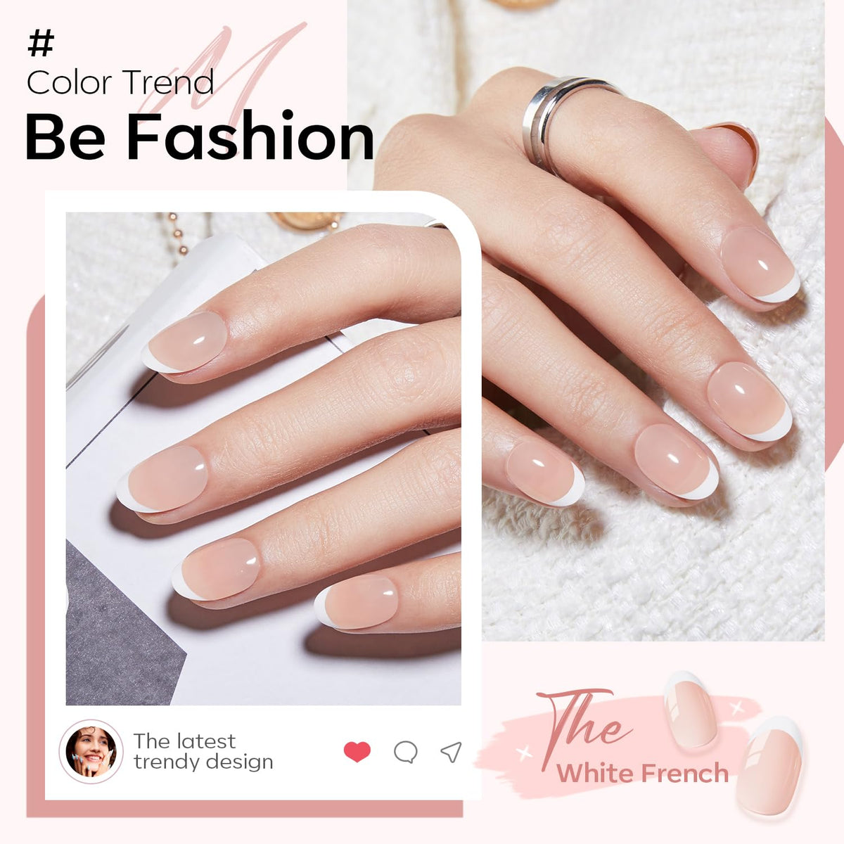 French Tip Short Oval Press-On Nails Set, Nude, 32 Pieces - photo 3