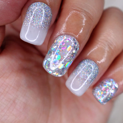 10 Pcs Handmade Press on Nails (Large, Futuristic - Holo Silver Chunky Glitter Mix with Unicorn Dust/Extra Short Rounded Square) A092L