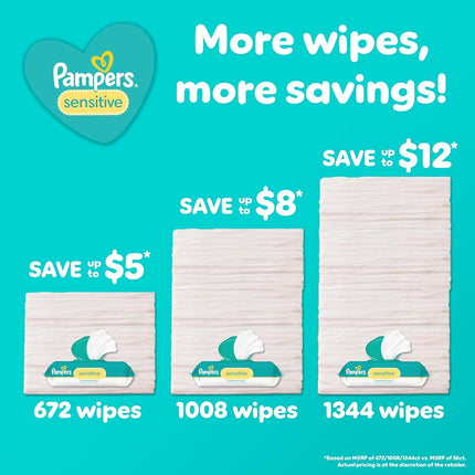 Pampers Sensitive Baby Wipes, Water Based, Hypoallergenic and Unscented, 18 Flip-Top Packs (1008 Wipes Total) [Packaging May Vary]