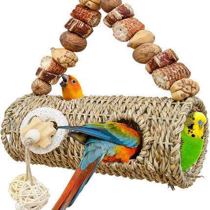 Bird Nest for Cage with Natural Chewing Toys,Hideaway Shelter Hut Parakeet Hanging Bird Tunnel Bed with Handwoven Breathable Seagrass , Small Parakeet Bed for Canary, Budgie Rest & Chew & Play(SD)