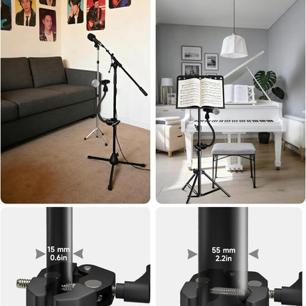 Gooseneck Microphone Stand, Adjustable Microphone Holder with 2 Universal Mic Clips, Gooseneck Mic Stand with 3/8"-16 Adapter for Recording Studio, Live Streaming, Podcast and Broadcasting