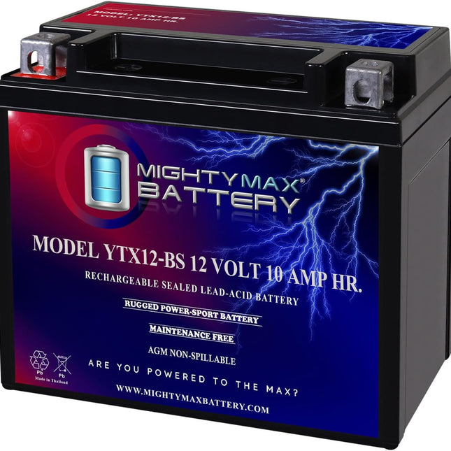 YTX12-BS -12 Volt 10 AH, 180 CCA, Rechargeable Maintenance Free SLA AGM Motorcycle Battery