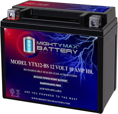 YTX12-BS -12 Volt 10 AH, 180 CCA, Rechargeable Maintenance Free SLA AGM Motorcycle Battery