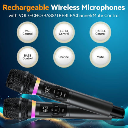 Wireless Microphone, Dual Handheld 2.4G Dynamic Mic with Rechargeable Receiver，Professional Karaoke Microphone, Dual Vocal Pickup with mute echo,treble,bass control, for Singing, Speech, PA System