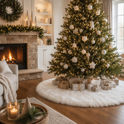 48 Inch White Faux Fur Christmas Tree Skirt, Plush Tree Base Cover for Holiday Party and Home Christmas Decor