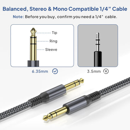 1/4 Inch TRS Instrument Guitar Cable 10 ft, 2 Pack - photo 3
