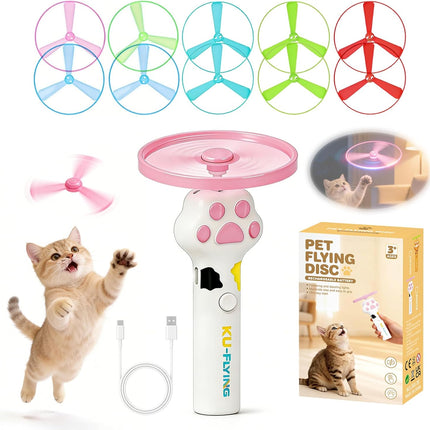 Cat Fetch Toy Launcher,Flying Disc Launcher Toy Rechargeable with 10 Flying Discs,Flying Cat Toy Disc Launcher for Kitten Dog Playing Interactive Hunting Tracking Toys for Outdoor Indoor,White