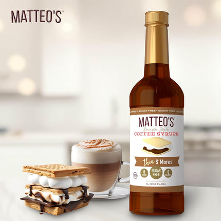 Matteo's S'mores Syrup for Coffee, Lattes, Cappuccinos & Desserts – Sugar-Free Sweetener for Beverages, Keto Friendly, Zero Calories, Indulgent Flavor, Non-Alcoholic, Ideal for Hot Drinks 33.8oz (1pk)