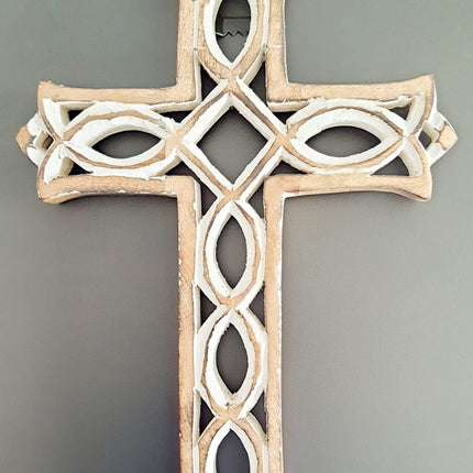 Thanksgivning Gifts Wooden Wall Cross Plaque with Hand Carvings | Religious Altar Home & Living Room Decor | Whitewash Wood Wall Cross 12 x 8 Inch