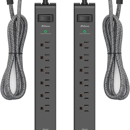 2 Pack Surge Protector Power Strip, Slim Flat Plug, Braided Extension Cord, 5-Foot, 900 Joules, 6 Outlets 4 USB Ports, Wall Mount for Home Office Dorm
