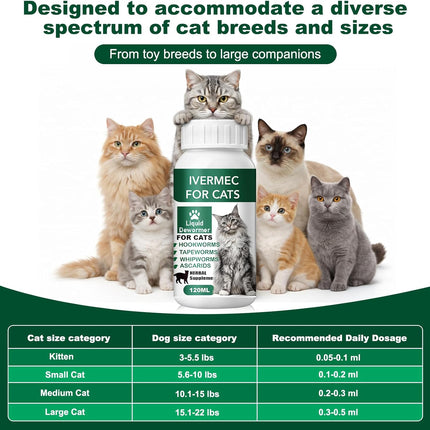 Cat Dewormer Liquid,Dewormer for Cats Broad Spectrum for Tapeworms, Roundworms & Hookworms, Promotes Digestive Comfort & Daily Balance