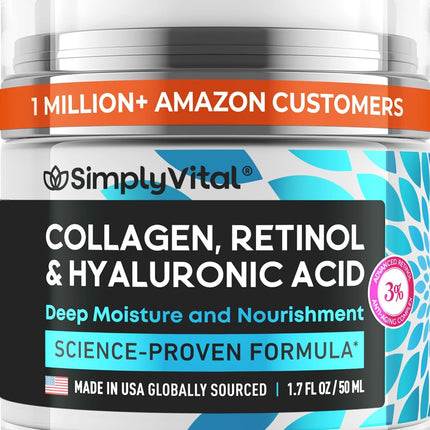 Anti-Aging Face Moisturizer with Retinol, Collagen & Hyaluronic Acid - Made in USA - Moisturizer Face Cream for Women & Men - Firming & Hydrating Neck Cream - Day & Night Skin Care - 1.7 fl oz