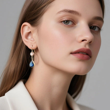 Sapphire Blue Dangle Earrings Blue Topaz Gold Handmade Aquamarine Drop Earrings for Women - Blue & Pink