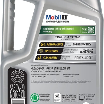 Mobil 1 Advanced Fuel Economy Full Synthetic Motor Oil 0W-20, 5 Quart
