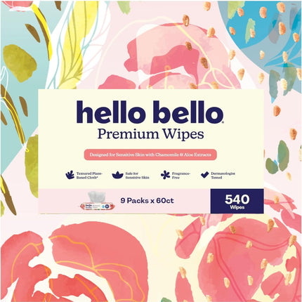 Hello Bello Premium Wipes, Designed for Sensitive Skin with Chamomile & Aloe Extracts, Rosy Posy (9 Resealable Packets = 540 Total Wipes)