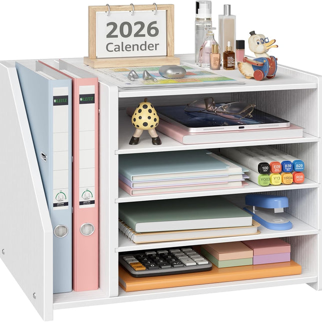 4-Tier White Wood Desk Paper Organizer, Modern Desktop Letter Tray