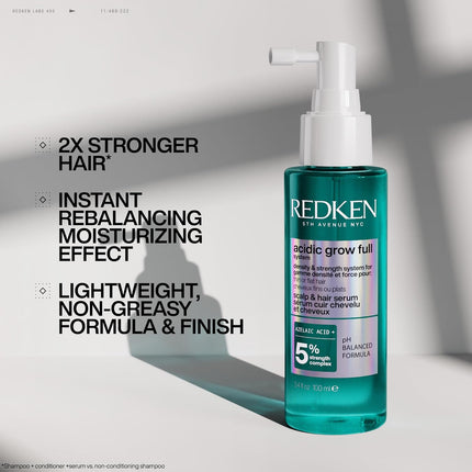 Redken Acidic Grow Full System Scalp & Hair Serum - Lightweight Leave-In Treatment for Rebalanced, Healthy-Looking Scalp and Fuller, Thicker Hair, With Azelaic Acid