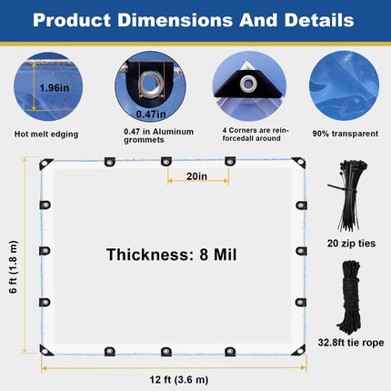 6x12ft Clear Tarp with Grommets, Transparent Heavy Duty Waterproof Tarp Cover with Reinforced Edge,Protects Against Water, Tear, Cold Weather Resistan for Greenhouse Balcony Garden.