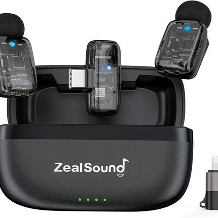 ZealSound Mini Microphone, Wireless Lavalier Mic for iPhone/iPad/Android, USB-C/Lightning, Noise Reduction, 33H Battery with Charging Case for Content Creators, TikTok & YouTube Videos - Transparent