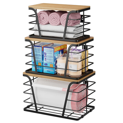 2 Pack Stackable Storage Laundry Kitchen Organizers, Wall Mount Trash Bag Holder with Bamboo Top and Garbage Bag Dispenser No Drill