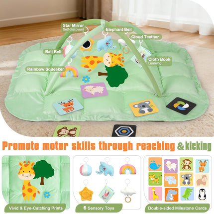 5-in-1 Tummy Time Mat Baby Activity Gym with Cartoon Pattern, Extra Thick Plush Play Floor Mat, Featuring Hanging Toys, Sensory Development Gym & Lovely Gift for Newborn Baby, Giraffe