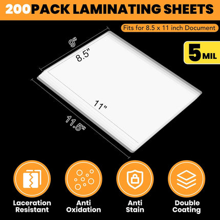 200 Pack 5 Mil Laminating Sheets, Holds 8.5 x 11 Inch Sheets,9 x 11.5 Inches Thermal Laminating Pouches for Laminator, Clear, Letter Size, Office and School Supplies