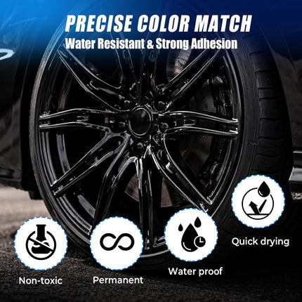 Gloss Black Rim Touch Up Paint, 2-in-1 Brush & Tip, 0.4 fl oz - Universal Black Rim Curb Rash Repair Kit for Scratches, Scuffs Alloy/Metal Wheels, OEM Color Match, Quick-Dry & Long-Lasting