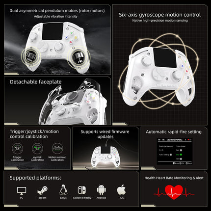 Voacle RG G01 Interactive Screen Wireless Gaming Controller Compatible with PC/Steam/Linux/Android/Switch/IOS 2.4G Wireless Bluetooth Controller Gamepad Hall Effect Triggers(White)
