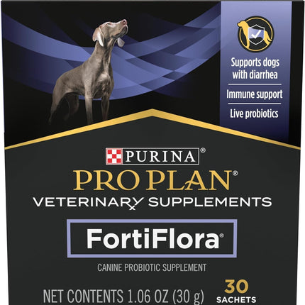 Purina Pro Plan Veterinary Supplements FortiFlora Dog Probiotic Supplement, Clinical Formula for Digestive Health & Diarrhea Relief, Veterinarian Recommended, 30 Individual Sachets (30-Count Box)