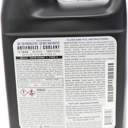 Mopar 68163849AB 10 Year/150,000 Mile Coolant 50/50 Premixed - Embittered, 1 Gallon