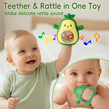 Baby Teether & Rattle Toys Avocado Teething Mitten for Sucking Needs -Anti Dropping Wrist Hand, Silicone Teethers Baby Chew Toys for Babies Over 3 Months, BPA Free