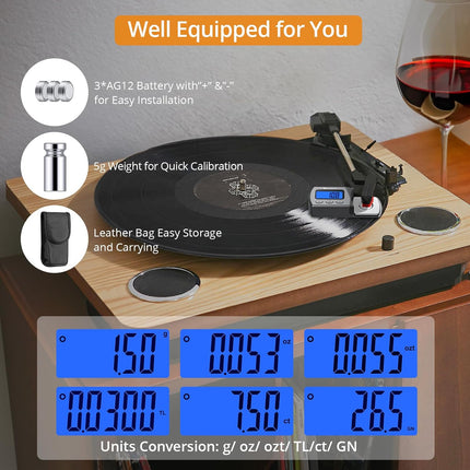 Neoteck Digital Turntable Stylus Force Gauge 0.01g/5.00g with Blue LCD Backlight Turntable Stylus Pressure Gauge with 5g Weight & Leather Case Accurate Tracking for Tonearm Phono Cartridge-Grey