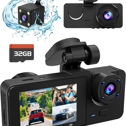 3 Channel Dash Cam,4K+1080P Dash Cam Front and Rear Inside, Dash Camera for Cars, Triple Car Camera with 32GB Card,Built-in G-Sensor, 2’’ IPS Display Car Camera,Loop Recording,24Hr Parking