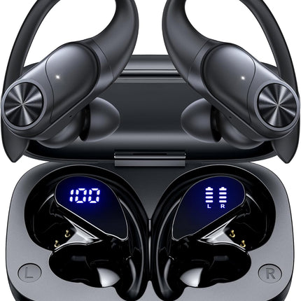 Bluetooth Headphones Wireless Earbuds 80hrs Playtime Wireless Charging Case Digital Display Sports Ear Buds with Earhook Deep Bass IPX7 Waterproof Over-Ear Earphones for TV Phone Laptop Black