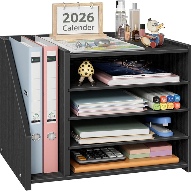 4-Tier Black Wood Desk Paper Organizer, Modern Desktop Letter Tray