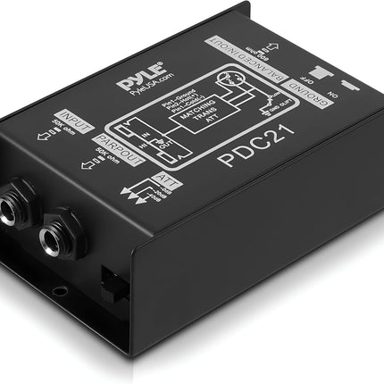 Pyle Premium Direct Injection Audio Box - 2.36" x 4.09" Passive DI Unit Hum Eliminator w/ Input Attenuator to Connect Guitar & Bass, 1/4'' Impedance Transformer Connector to Balanced & Unbalanced XLR