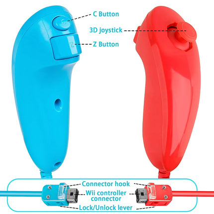 SWeien Wii Nunchuck Controller, 2 Packs Nunchuck Controller Replacement Joystick Gamepad Compatible with Nintendo Wii & Wii U Console (Red + Blue)