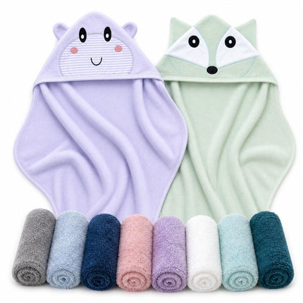 2 Pack Hooded Baby Towel Rayon Made from Bamboo and 8 Washcloths - Lovely Elephant, Happy Bird