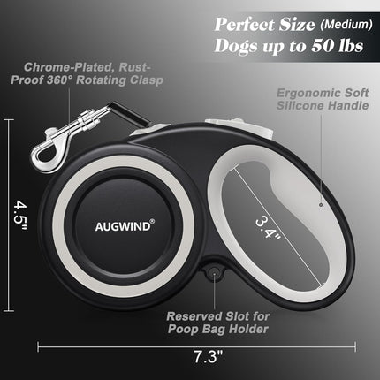 Retractable Dog Leash with Stainless Steel Anti-Chew Cable for Small & Medium Dogs up to 50 lbs | 16 ft Strong Nylon Reflective Tape | 360° Tangle-Free | One-Handed Brake, Pause & Lock (Medium, White)