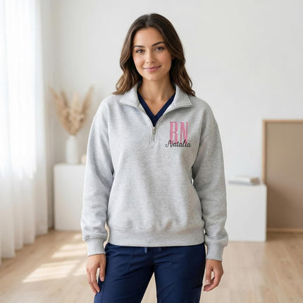 Custom Name Nurse Embroidered Quarter-Zip Sweatshirt with Title – RN Gift for Nursing Assistant or Nurse Graduation