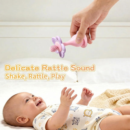 Baby Silicone Flower Teether & Rattle Toys for Babies 0-24 Months, Nipple-Shaped End for Sucking Needs - 360° Toothbrush Teether Head for Sore Gums, Stand-up Base, Flower Texture, Easy to Grip -Pink