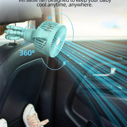 Portable Stroller Mini Fan, Small Rechargeable Personal Fan, Travel Essentials for Baby, Wagon, Car Seat, Treadmill, Battery Powered Biking Gear Accessories, 360° Rotation, 3-Speed, Display, Aqua