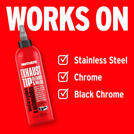 Mothers Exhaust Tip Cleaner & Polish, 8 oz. — Cleans, Polishes & Protects Stainless Steel, Chrome & Black Chrome Tips, Removes Baked-on Carbon, Oxides, Soot & Tarnish, Restores Shine & Luster (05138)
